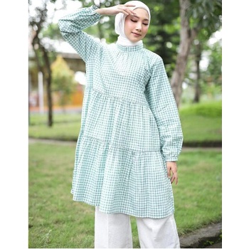 Riri Tunik - Tunik Kemeja Wanita Kotak Kotak - Pakaian Wanita Muslim Square Jombo Bahan Katun -  LD 