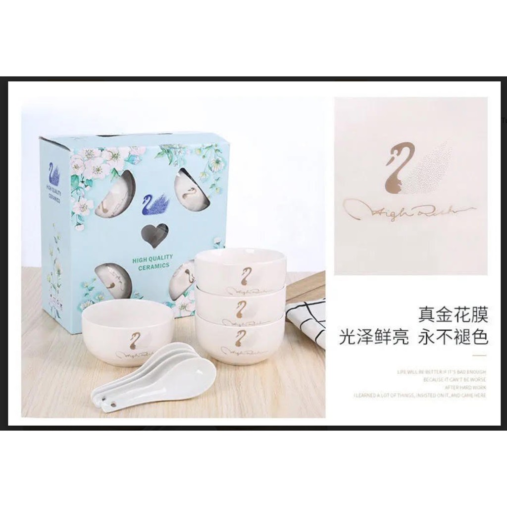 set mangkok keramik peralatan makan set sendok mangkok 4in1 motif Angsa swan