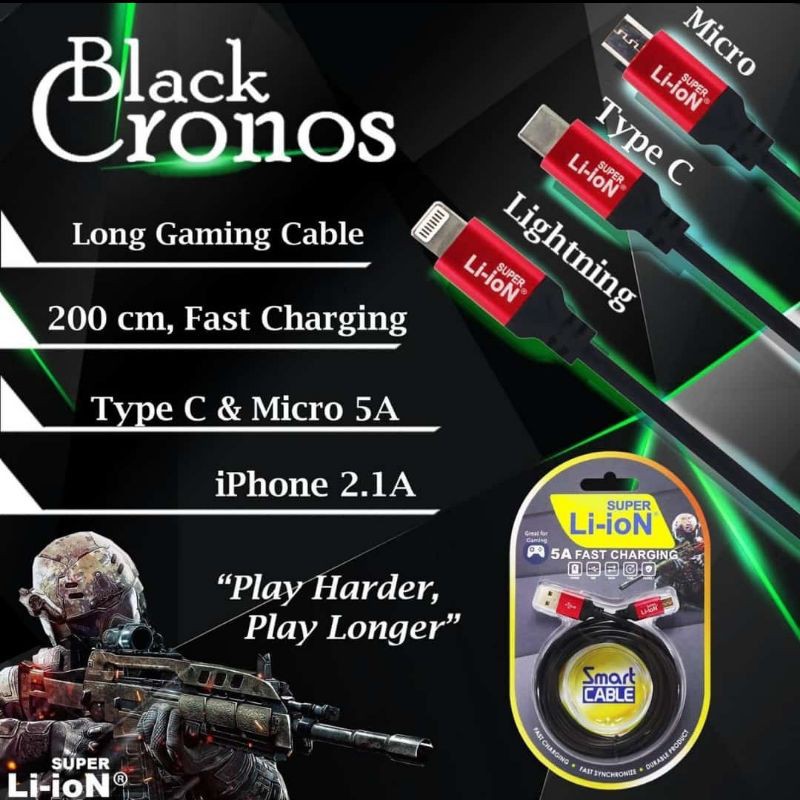 Kabel Charger /Kabel Data Super Li-ioN BLACK CRONOS 5A 2M Fast Charging LIGHTNING Iphone