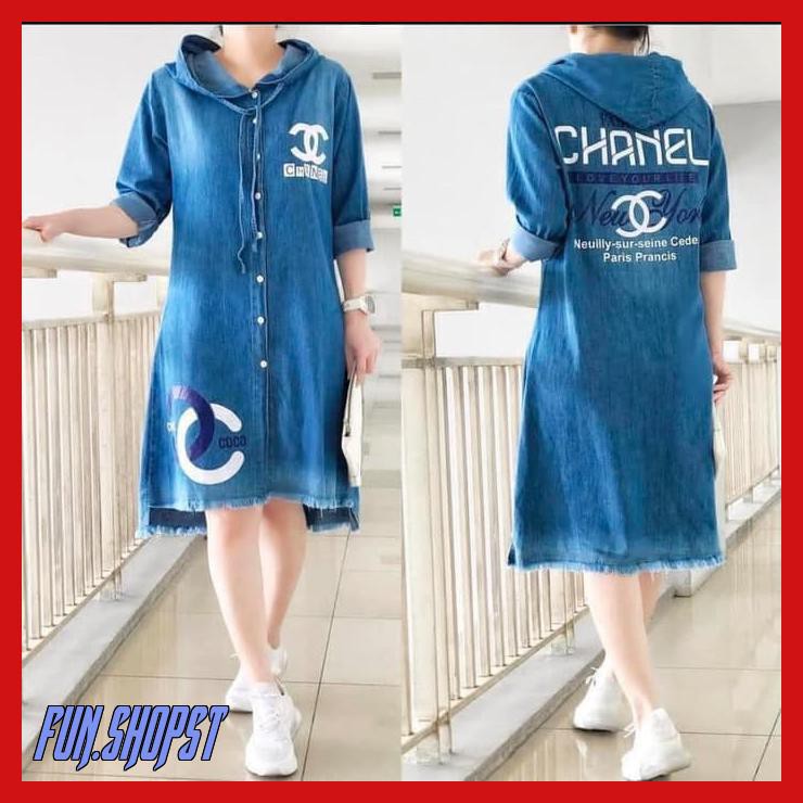 BAJU WANITA DRESS ROK PENDEK BAHAN JEANS HOODIE TUDUNG PENUTUP, KEPALA