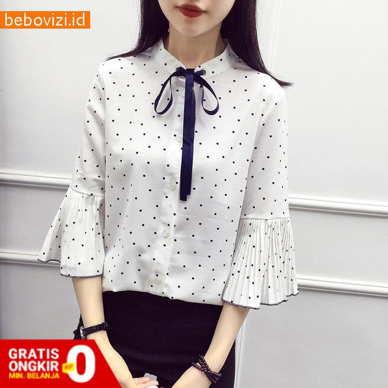 Blouse Model Jumbo Motif Polkadot Gaya Korea Bahan Sifon Untuk Wanita