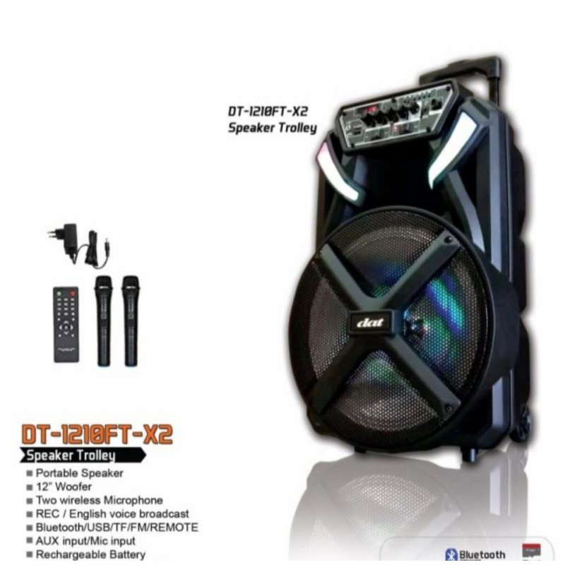 Speaker Protable Bluetooth DAT 12 Inch DT-1210 FT X2 Mic 2 Wireless Garansi 1 Tahun