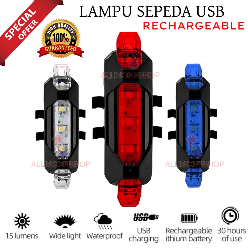 LAMPU BELAKANG SEPEDA LED USB RECHARGEABLE ANTI AIR LAMPU SEPEDA USB + KABEL CAS / LAMPU SEPEDA WATERPROOF