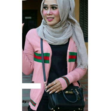 VERTWO CARDIGAN MIRIP GUCCI  GARIS WANITA CEWEK ABG SIMPLE SPANDEX RAJUT STRECTH - Hitam