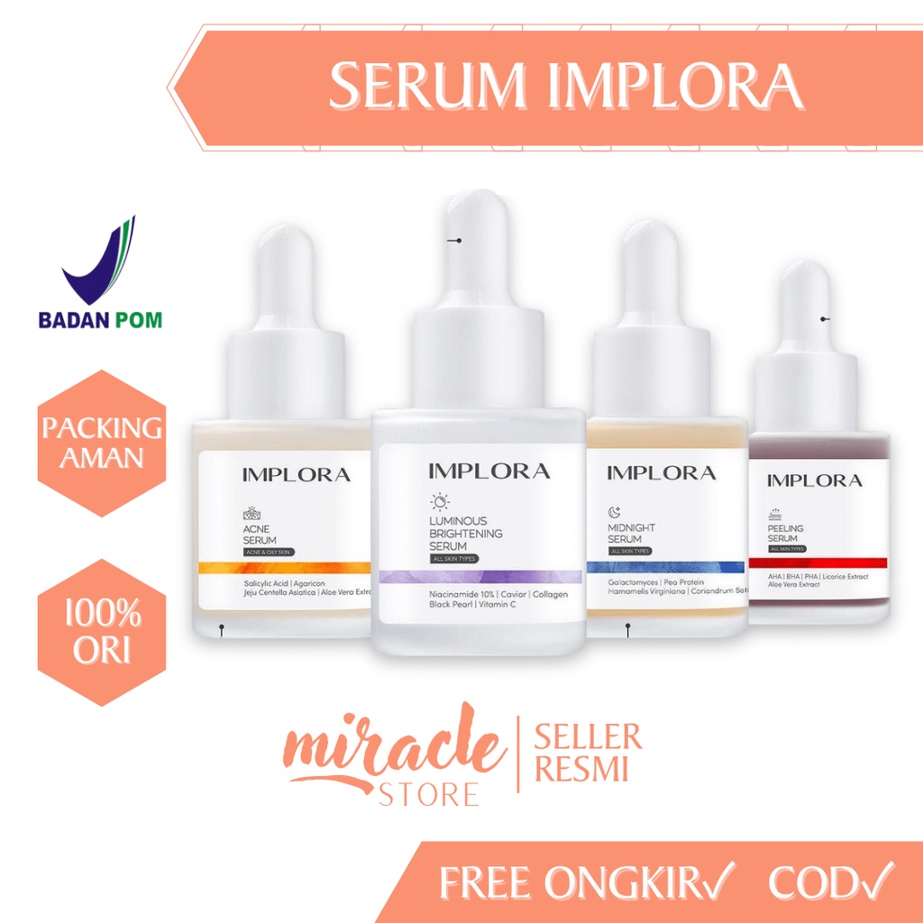 SERUM IMPLORA 20ML IMPLORA SERUM ACNE PEELING SERUM MIDNIGHT SERUM BRIGHTENING SERUM IMPLORA SERUM WAJAH MURAH SERUM NIACINAMIDE EXFOLIATING SERUM PENGANGKAT SEL KULIT MATI SERUM JERAWAT PENGHILANG BEKAS JERAWAT SERUM BPOM MURAH