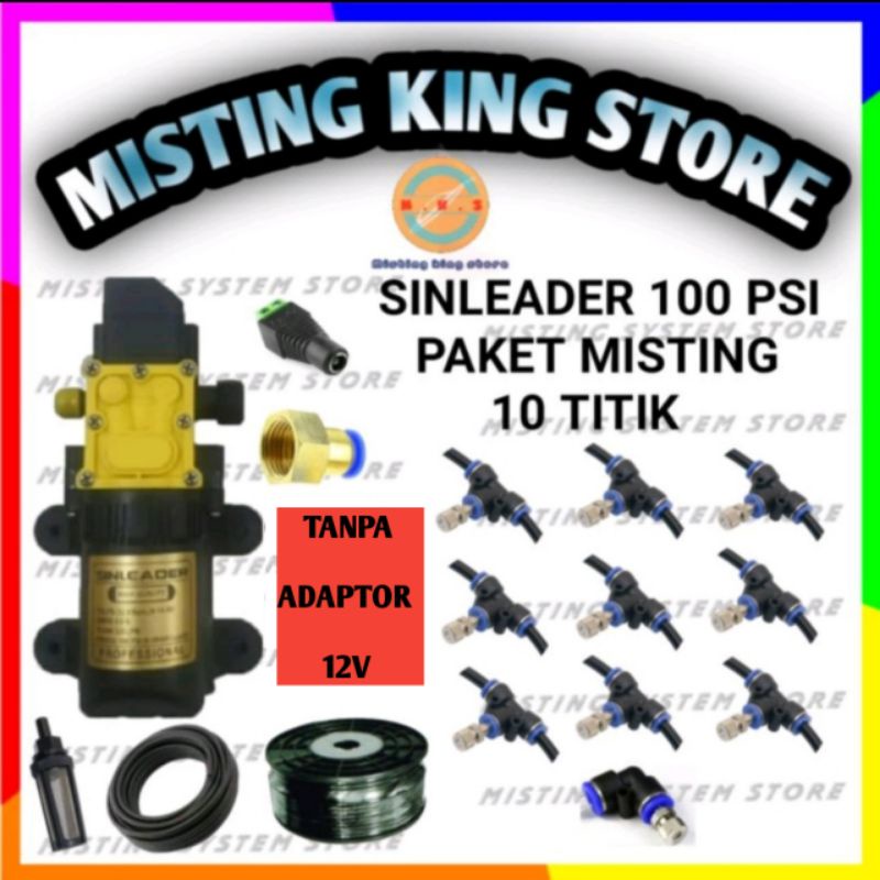 PAKET MISTING 10 TITIK MIST NOZZLE EMBUN SPRAYER SPUYER NOZLE KABUT ALAT SIRAM TAMAN KEBUN POMPA DC 12V SINLEADER SINGLE PUMP 80PSI 100PSI 0.1 0.2 0.3 0.4 0.5 0.6 0.8 MM HEAD SPRAY TANPA ADAPTOR 12V