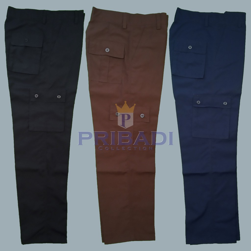 Celana PDL Cargo 6 Saku SMP SMA Umum Coklat Pramuka Biru Hitam - Seragam Sekolah PRIBADI