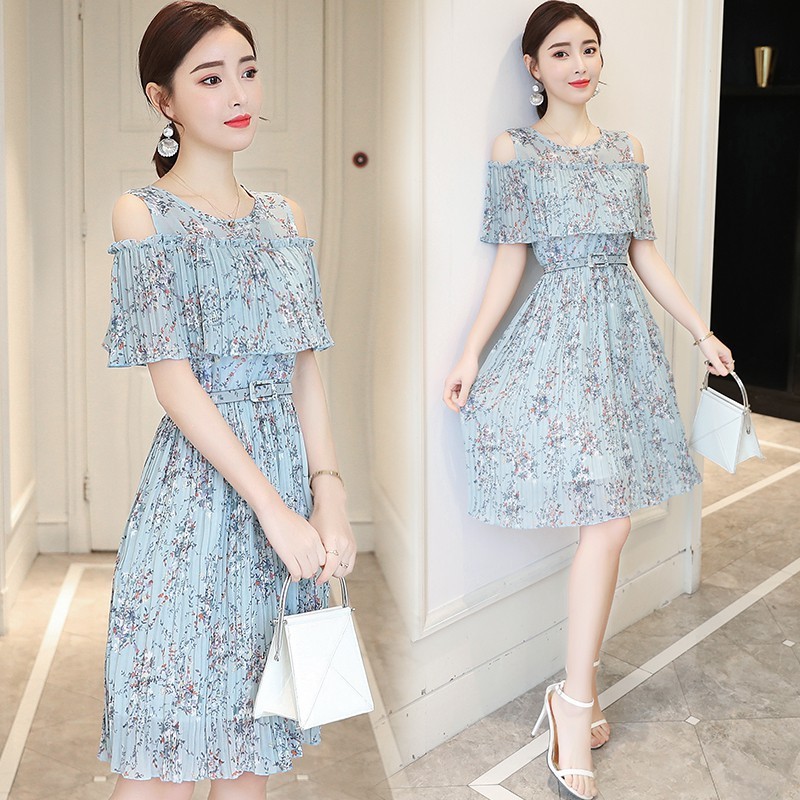 \u2764Dress Midi Model Bahu Off Shoulder Slim Bahan Sifon Gaya Korea