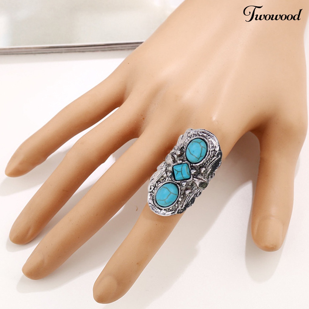 Twowood Stone Rings Bohemian Style Adjustable Green Stone Carved Flower Oval Opening Ring for Party