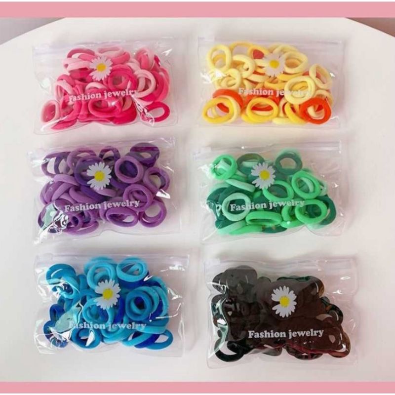 [COD] 50 pcs Free Pouch Ikat Rambut Donat Ikat Rambut Korea Warna Warni Rainbow kunciran Rambut Kuncir Rambut Wanita