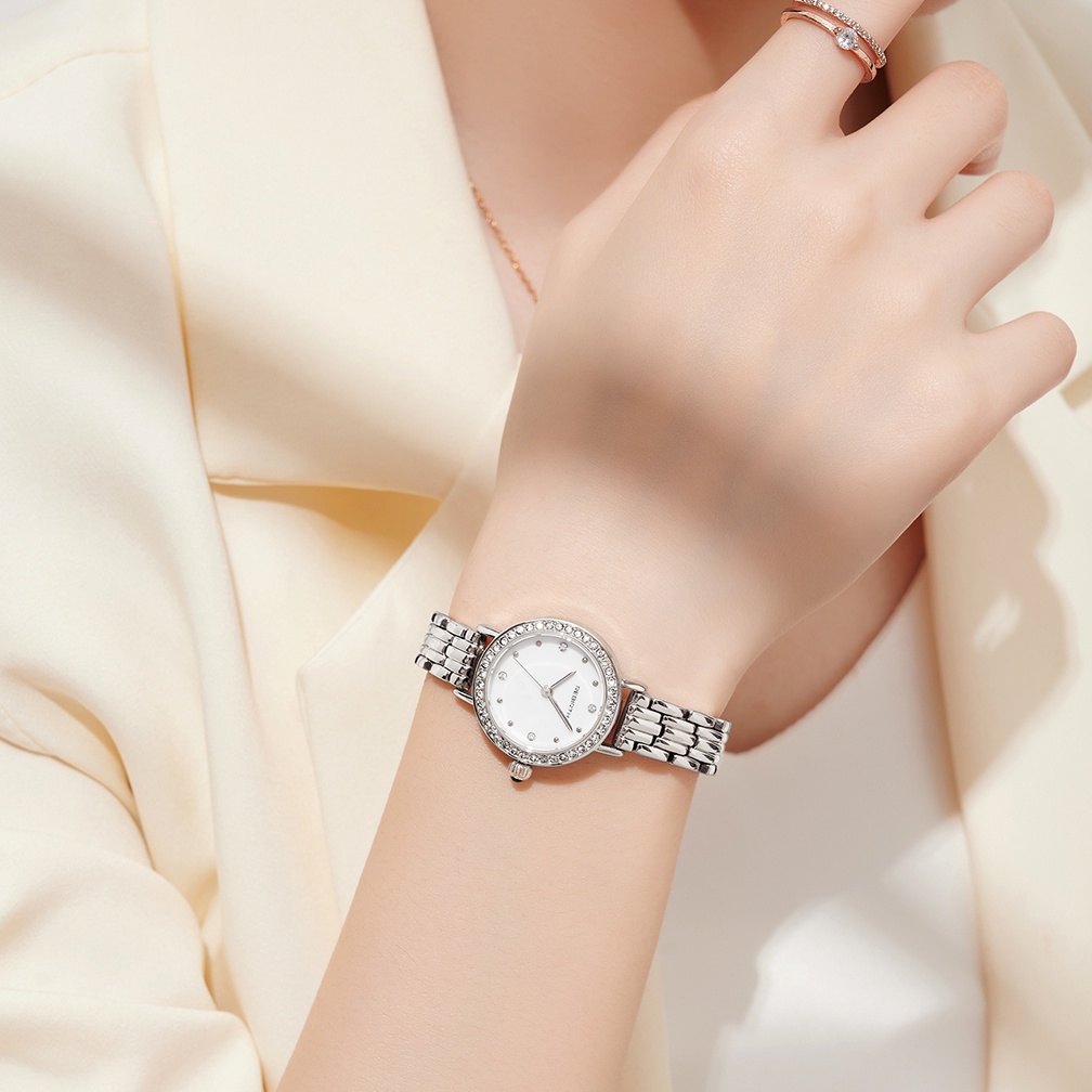 REBRTH Jam Tangan Wanita Mode Anggun Ibu Mutiara Dial Tali Stainless Steel Tahan Air Display Kuarsa Jam Tangan Cewek