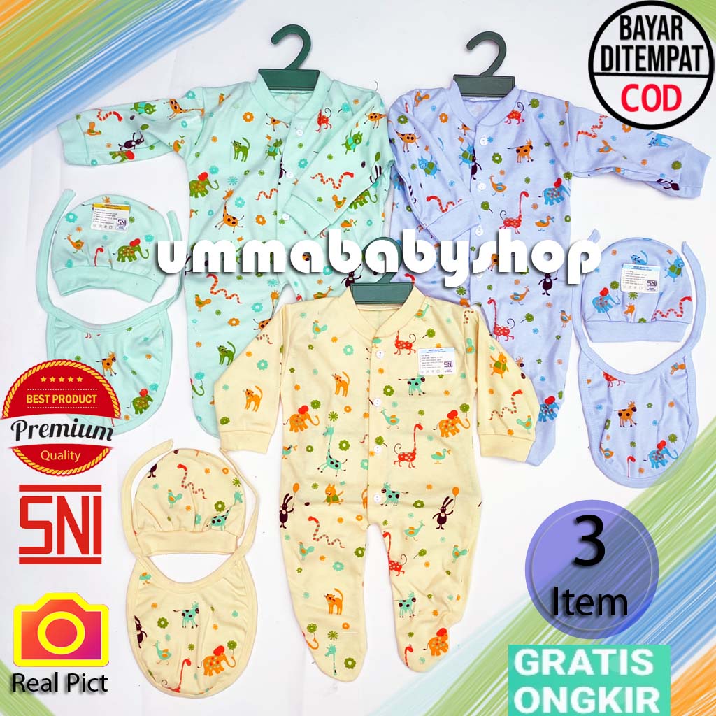 Set Hanger 3 in 1 Sleepsuit Piyama Bayi Baju Panjang Bayi Jumper Panjang Bayi Perempuan Laki SNI Jumsuit Kaki Tutup Lengan Panjang Baju Tidur Bayi Topi Seleber Bayi Celemek