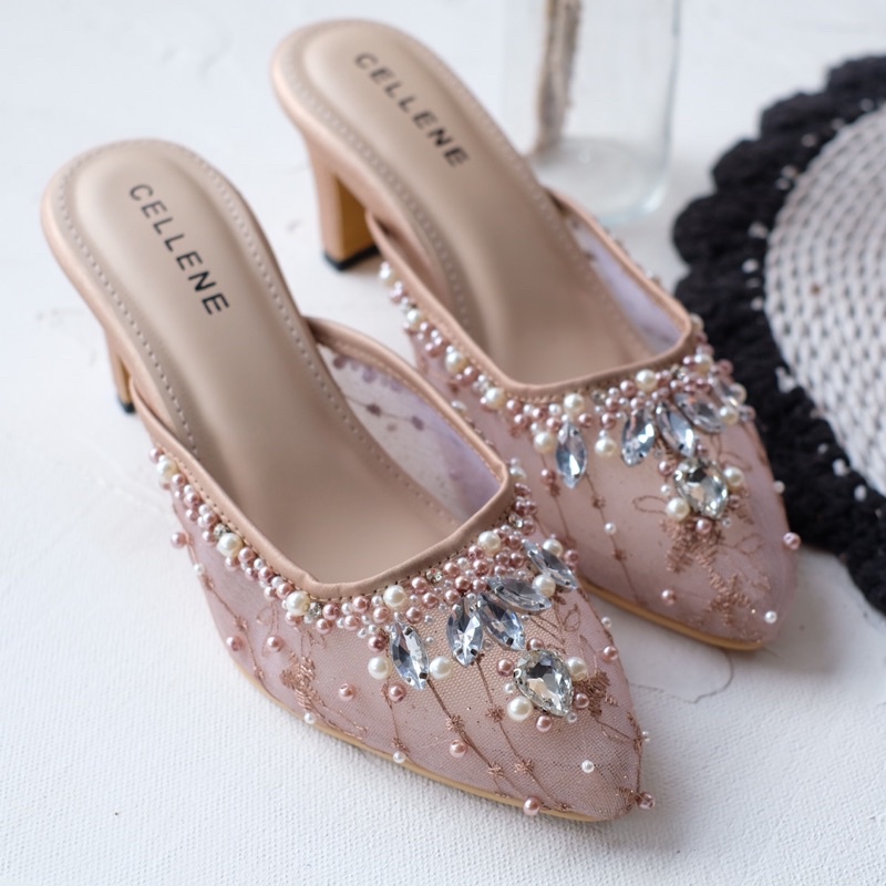 𝗖𝗘𝗟𝗟𝗘𝗡𝗘 Safir Beads Heels 3 color / Wedding shoes 7cm payet selop sepatu pernikahan 3warna