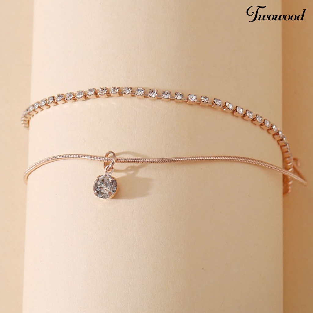 Twowood Double Layered Rhinestone Pendant Women Anklet Alloy Full Rhinestone Snake Chain Beach Anklet Foot Jewelry