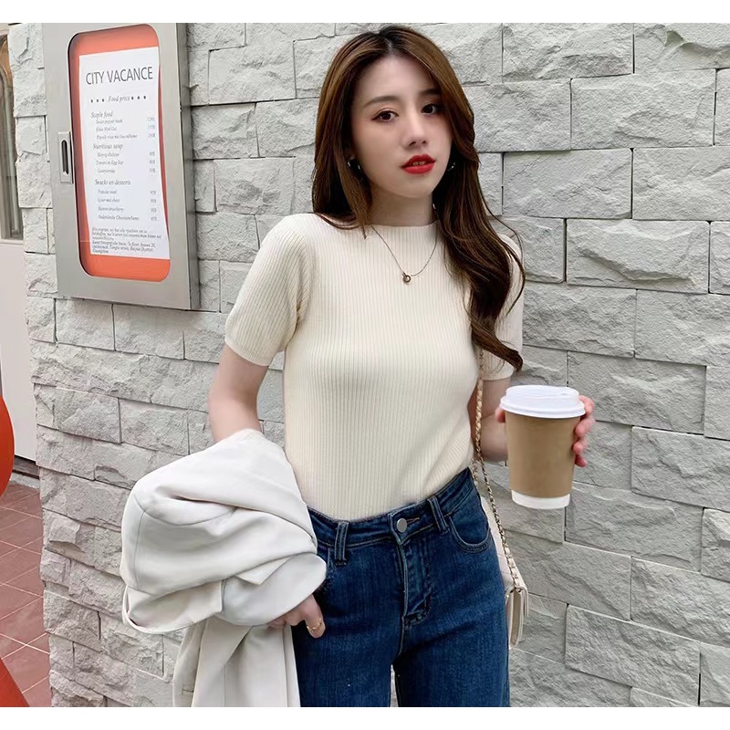 Kaos Rajutan O-Neck Lengan Pendek Warna Polos /Basic Knit Top/Baju Rajut Wanita