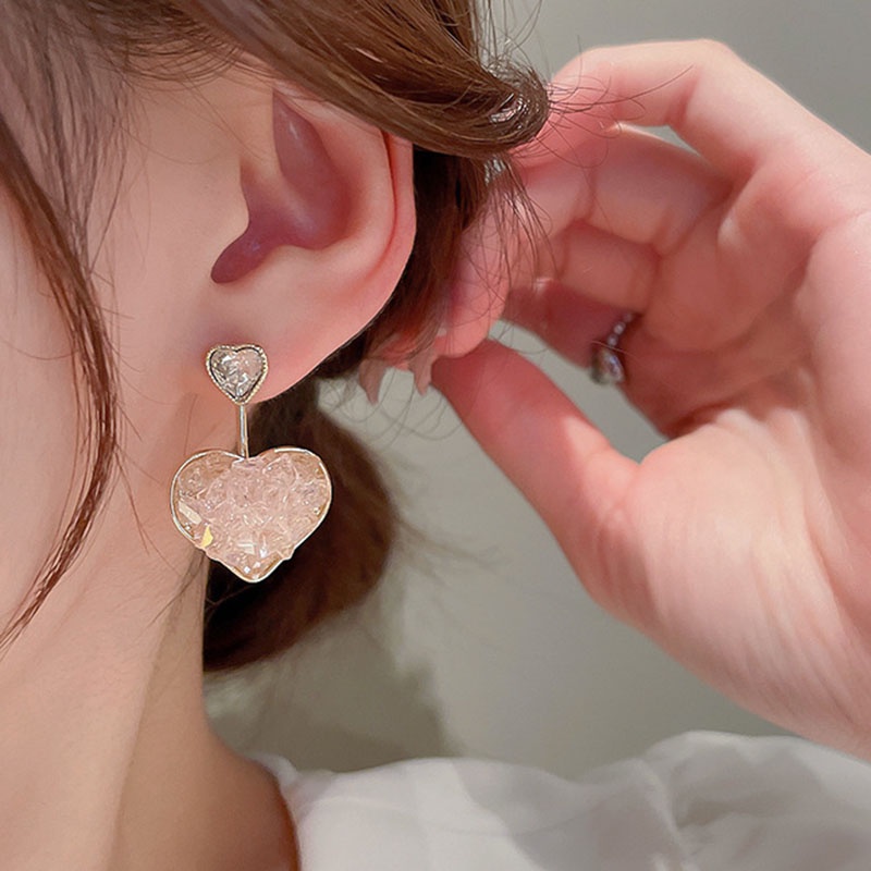 Anting Bentuk Hati Aksen Kristal Warna Pink