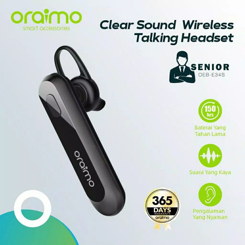 ORAIMO SENIOR TALKING BLUETOOTH HEADSET WIRELESS EARPHONE HANDSFREE NIRKABEL IOS / ANDROID OEB-E34S
