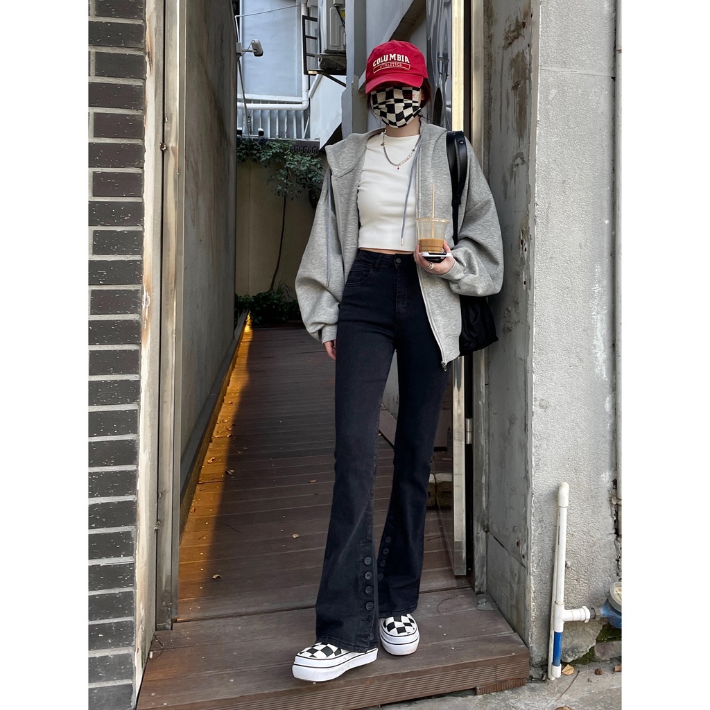 celana jeans pinggang tinggi hitam stretch micro flared jeans wanita musim gugur pinggang tinggi sli