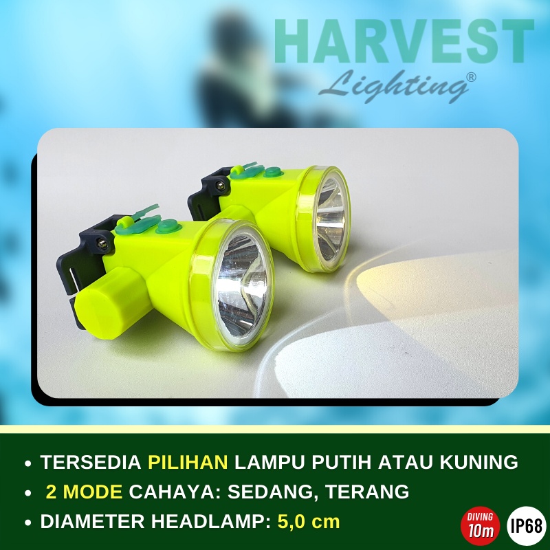 55W - PAKET ISI 3 - Headlamp HARVEST LIGHTING Senter Kepala LED Professional DIVING IP68 2600 MAH Lampu Emergency Selam Spearfishing Travel Hunting Rechargeable  Original  Bergaransi