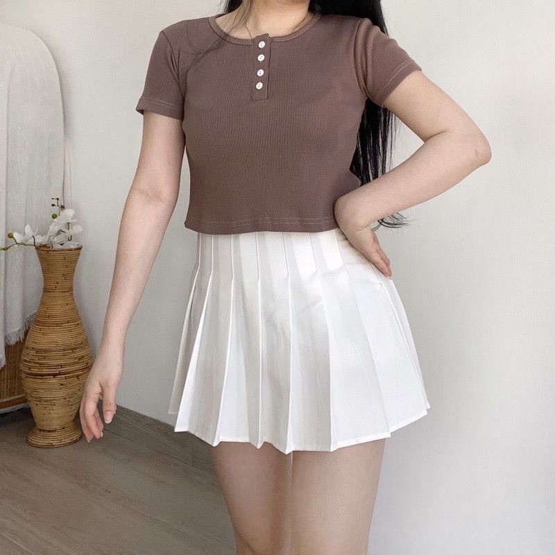 (COD) BUTTON TOP | Atasan Wanita Crop Kancing Hidup | Baju Rajut Terbaru