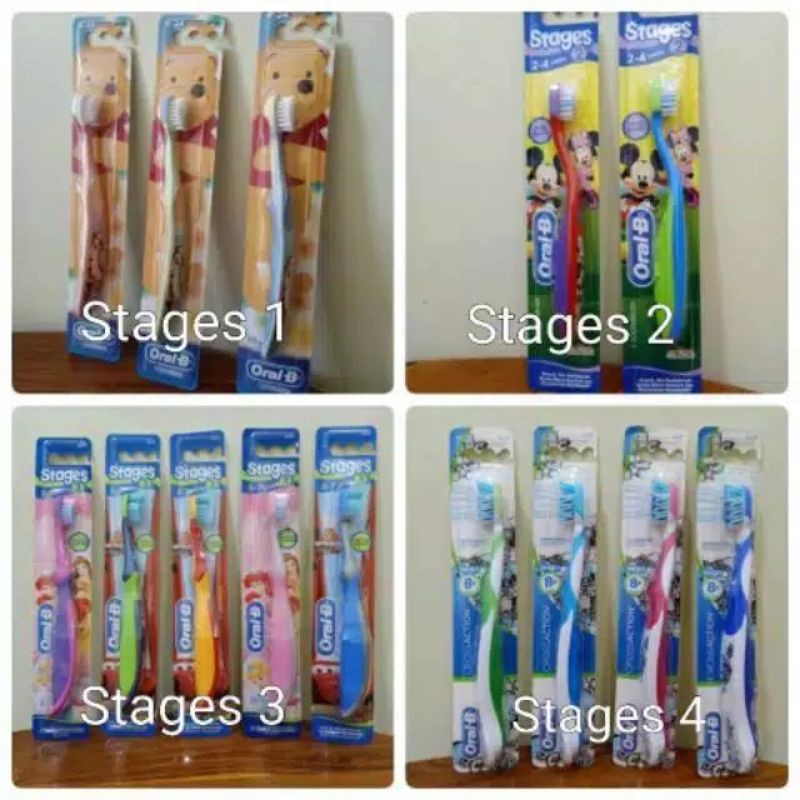 Sikat gigi oral B stages 1 4-24bulan, stages 2 2-4thn,stage 3 5-7thn,stage 4 &lt;8thn