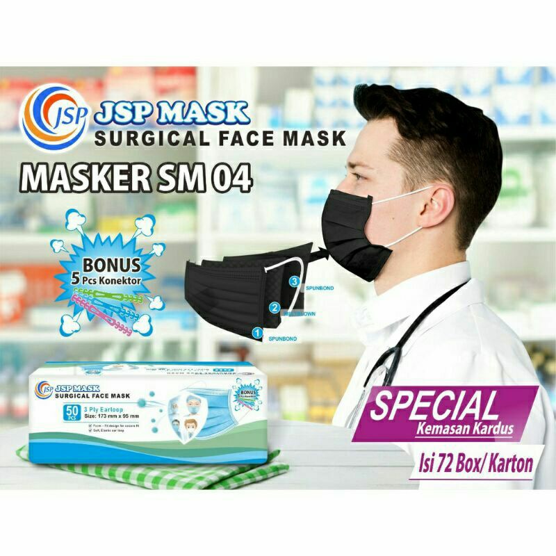 Masker JSP Medis Earloop isi 50pcs bonus konektor - hitam