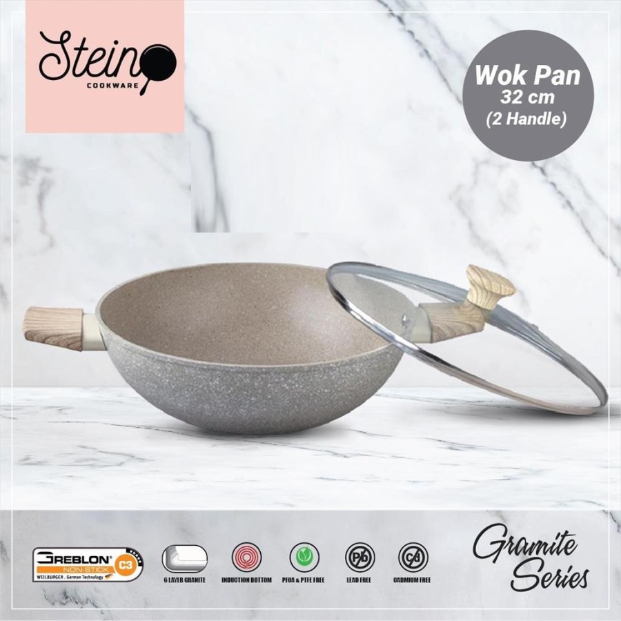 Steincookware Wok Pan 32cm 2 Handle + Lid Steincookware - Wajan Stein Original