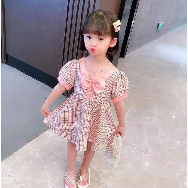 DRESS ANAK SQUARE RIBBON IMPOR,DRESS ANAK PINK CUTE,GAUN ANAK RIBBON
