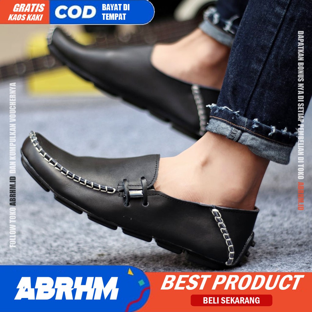 ABRHM x MOCLEA Sepatu Kasual Pria Sepatu Pria Casual Kulit Asli Slip Sepatu Kerja Original Keren Sepatu Slop Anti Slip Mocasin Sepatu Kerja Kantor Semi Formal Kuliah Kondangan Gaya keren Kekinian Murah Terlaris