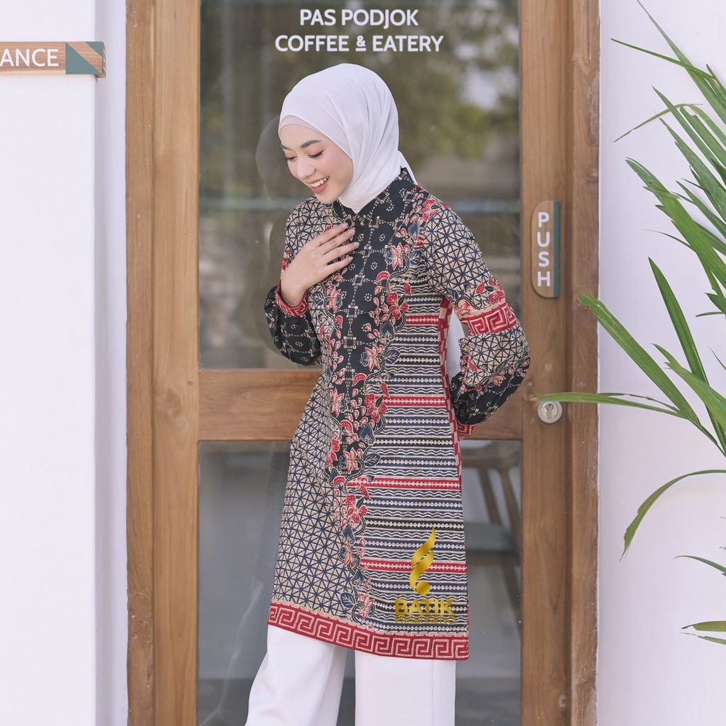 BAJU KEMEJA BATIK WANITA Prabuseno - ANJAR HITAM   Tunik Batik Wanita Lengan Panjang