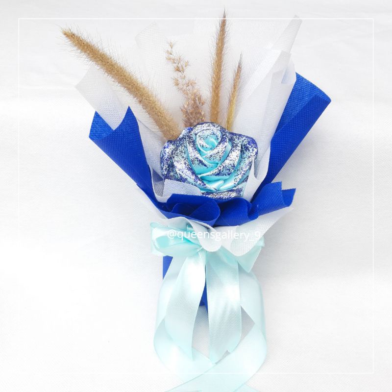 Mini Bouquet | Buket mini | Buket bunga | Mawar | Satin | Glitter | Biru  | Bunga Kering