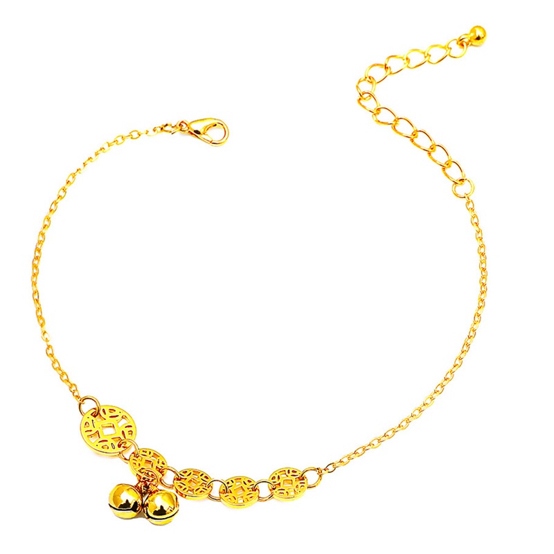 Chinese Style Copper Coin And Bead Bell Anklet For Women And Girls Stainless Steel Gold Rose Gold Color Anklet Length 20+6cm