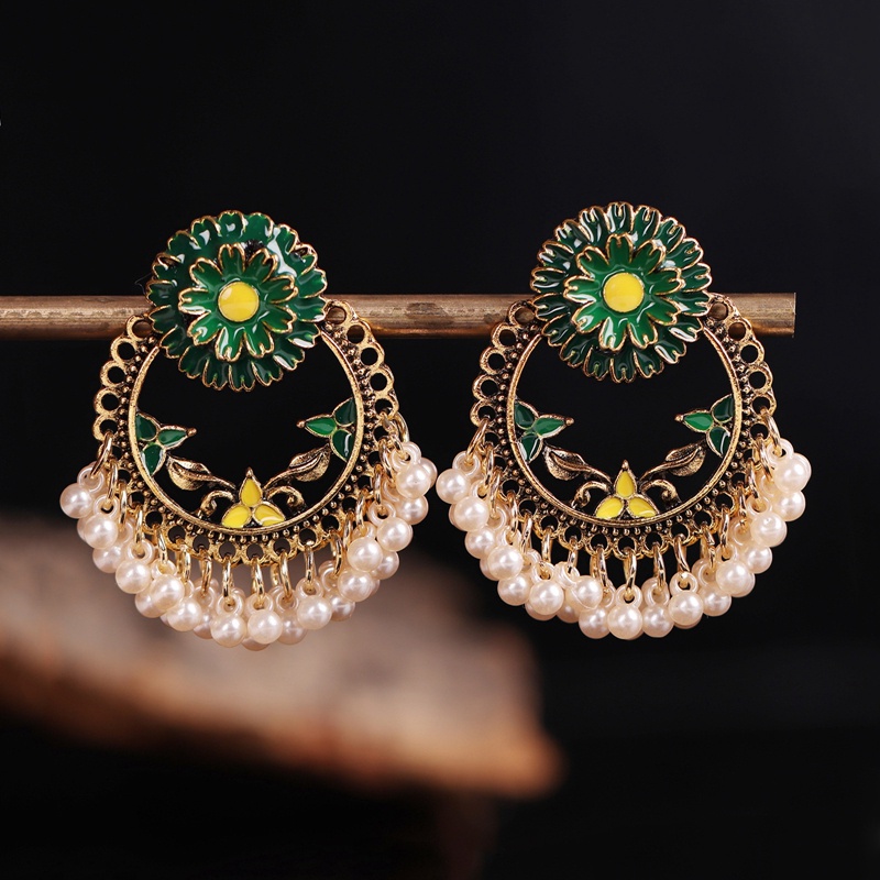 Anting Tusuk Gantung Wanita Desain Bunga Aster Enamel + Mutiara Gaya Indian / Bohemian Handmade Untuk Pesta