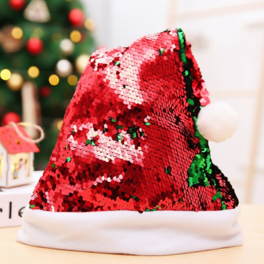 Christmas Hat reversible sequin santa Hat Topi Natal Glitter 2 warna