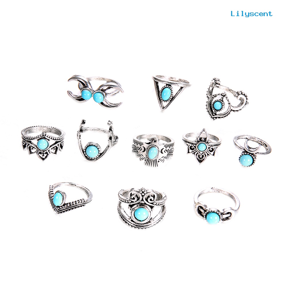 11pcs / Set Cincin Knuckle Turquoise Palsu Gaya Vintage Bohemia Untuk Wanita