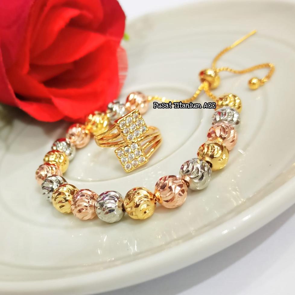 "ALA. 998057" Set Gelang Serut Bola 3D TITANIUM + Cincin Permata Zirconia Anti Karat/Tidak Luntur