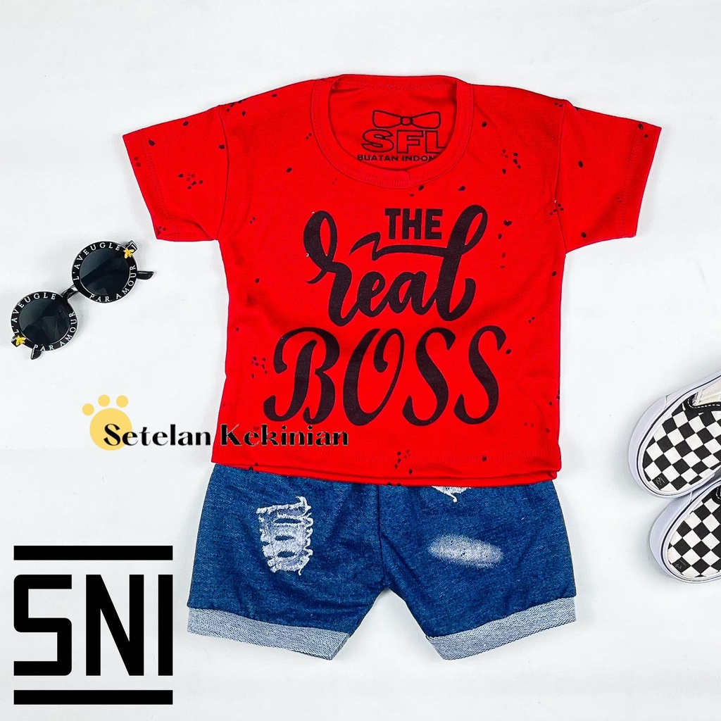 [SK] Set Anak Laki Laki 0-12Bln Baju Oblong Celana Pendek Murah The Real Boss Set Baby Boy Kaos Retro Setelan Bayi Cowok