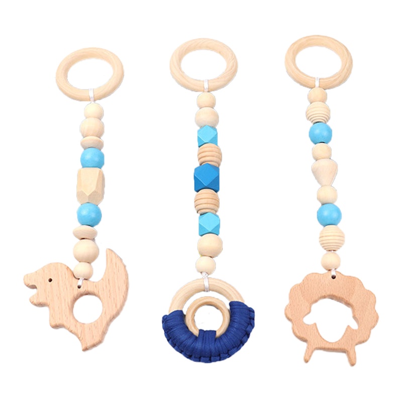 Mary 3pcs / Set Mainan Rattle + Teether + Ring Kayu Motif Kartun Hewan Domba / Dinosaurus Untuk Bayi / Stroller