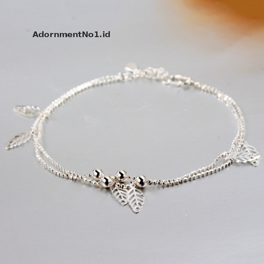 (AdornmentNo1) Gelang Kaki Lapis Silver Motif Daun Aksen Manik-Manik Untuk Perhiasan Wanita (ID)