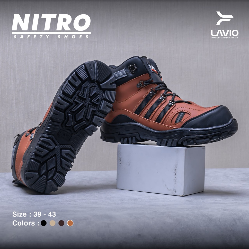 Sepatu Safety Boot Tinggi Pria Lavio Nitro High dengan Ujung Besi Sefty Cowok Bahan Karet Mentah Anti Slip Outdoor Kerja Lapangan Proyek