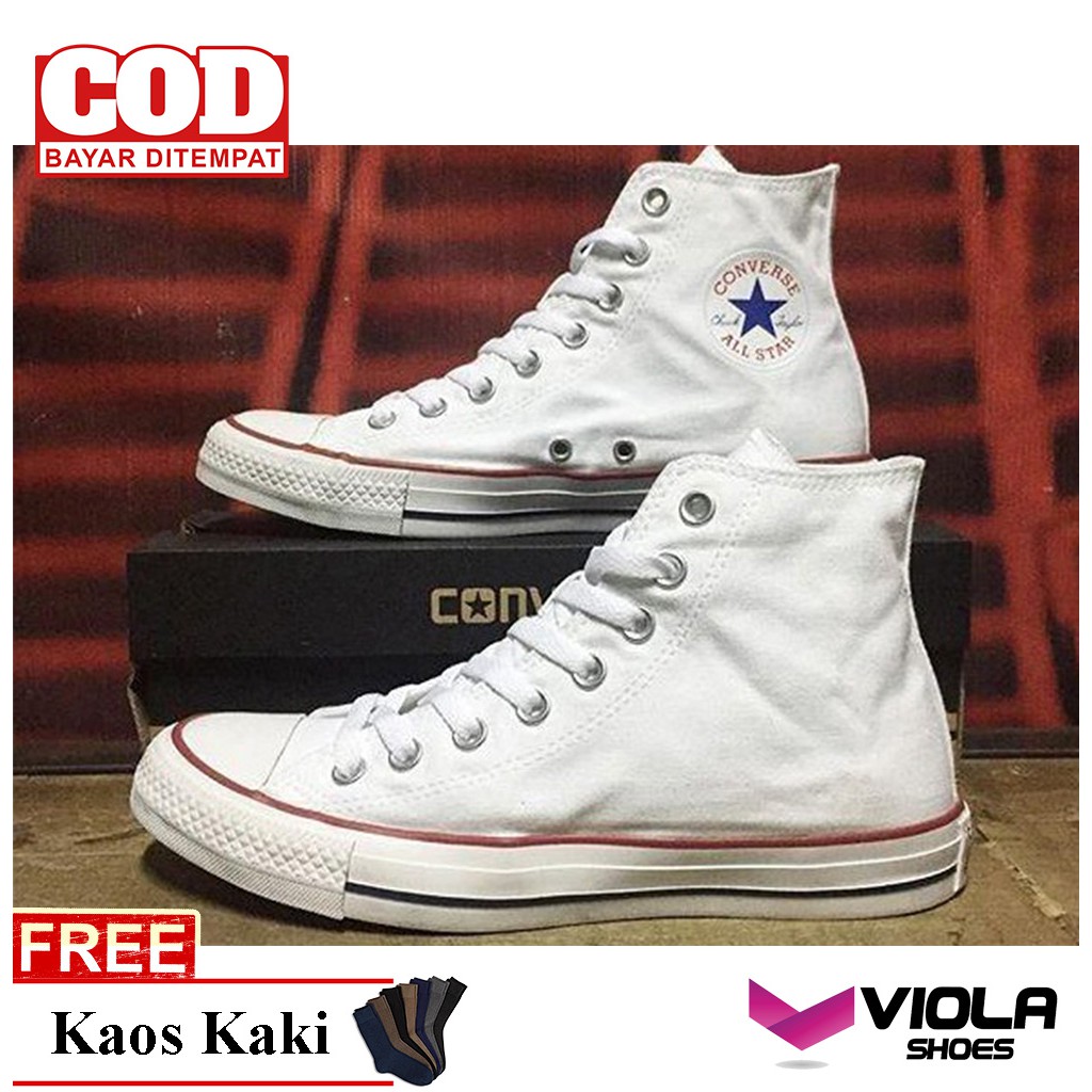 KOREAN STYLE SEPATU SNEAKERS CLASSIC TINGGI PUTIH LIST MERAH PRIA WANITA BASIC PREMIUM TINGGI