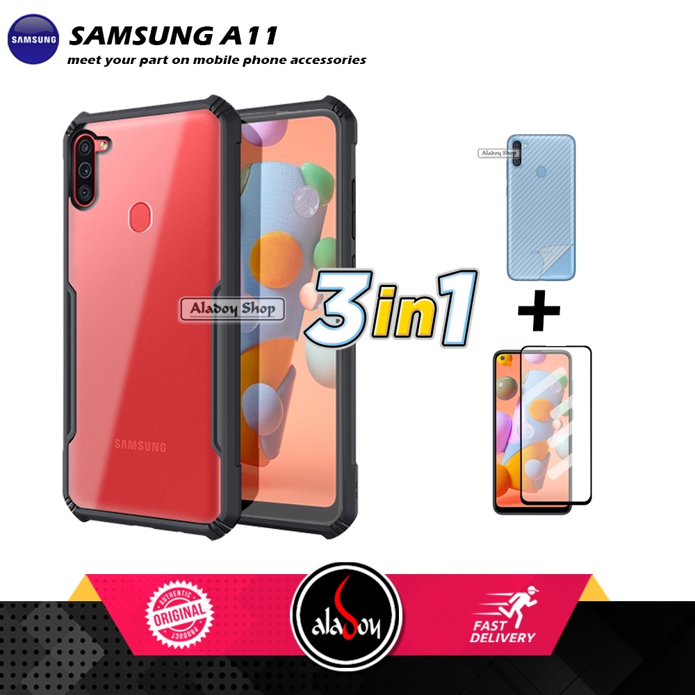 Case SAMSUNG A11 Armor Fushion Transparent Casing + Tempered Glass Full Layar dan Skin Carbon