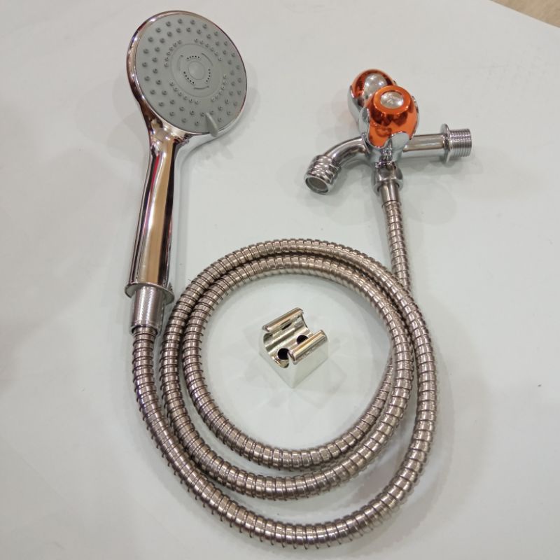 PAKET Hand shower Bonus Kran Cabang - Keran Double Bagus Handel Bulat Warna