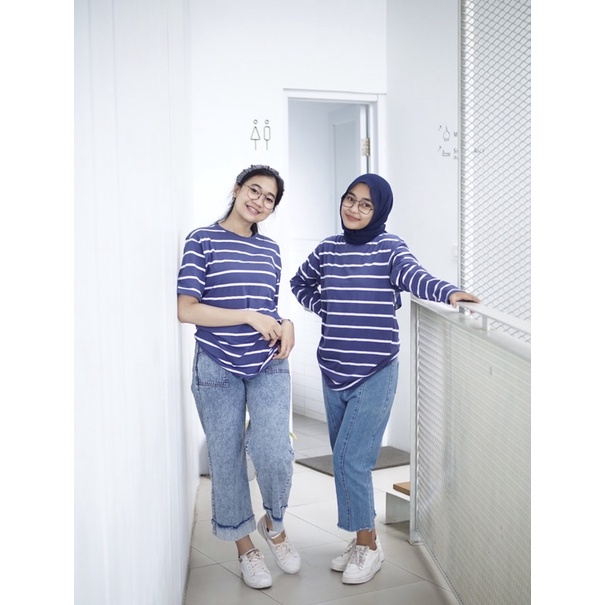 Kaos Couple Motif Stripe Lengan Panjang Pendek