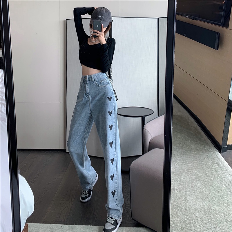 MOOGU ♡ Jeans love bordir high waist longgar panjang celana wanita boyfriend