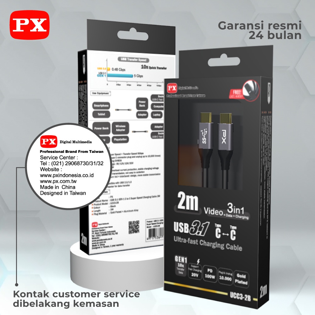 Kabel Data USB Type C To Type C Fast Charging 100W 2M PX UCC3-2B