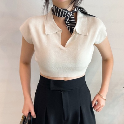 XIAOZHAINV Korean Vneck Crop Top Blouse Polo Shirt Atasan Wanita