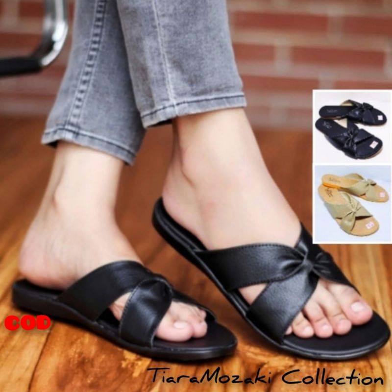 Sandal Flat Selop Wanita Sandal Kulit Wanita Model Silang