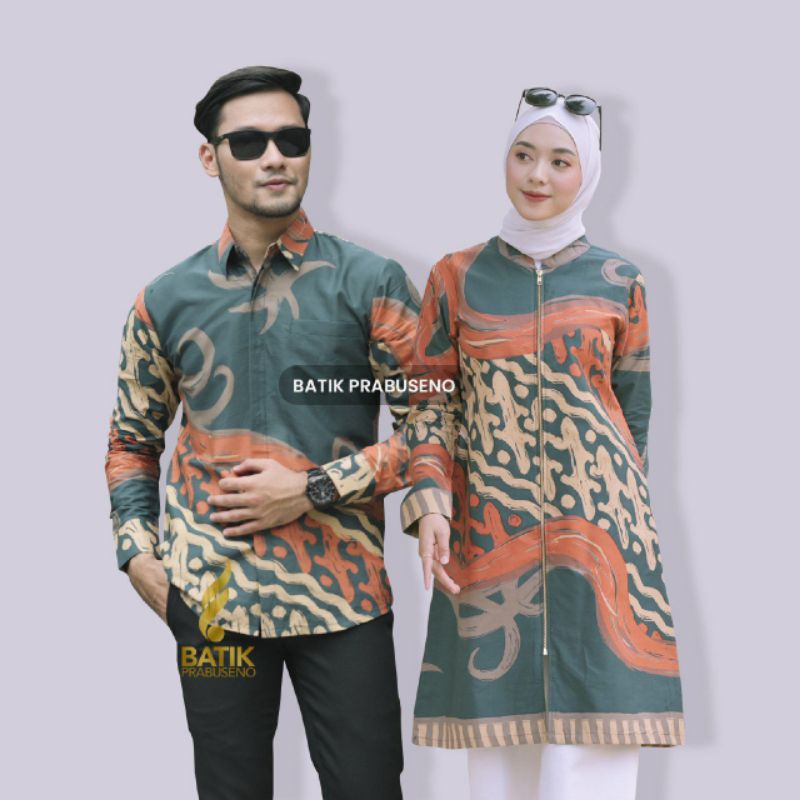 Couple Nesa Batik Prabuseno Tradisional Lengan Panjang Baju Atasan Anak Muda Kerja Kantor Kantoran F