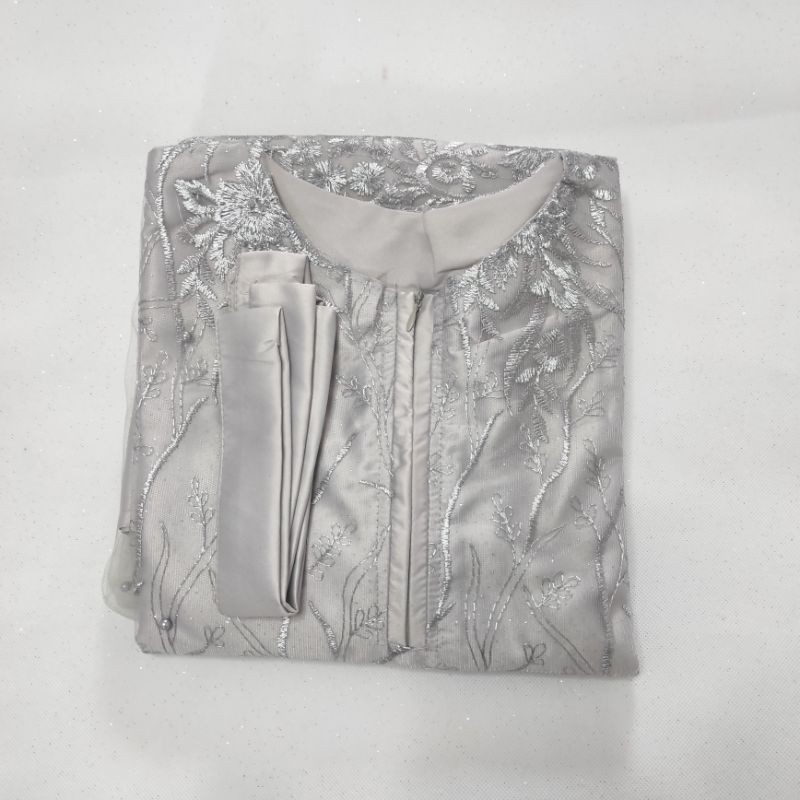 Lapak Solo - ( Ready Jumbo ) Alodia Dress Syari elsire Brokat Tule Mix Maxmara Full Belakang-GREY/ABU ld100